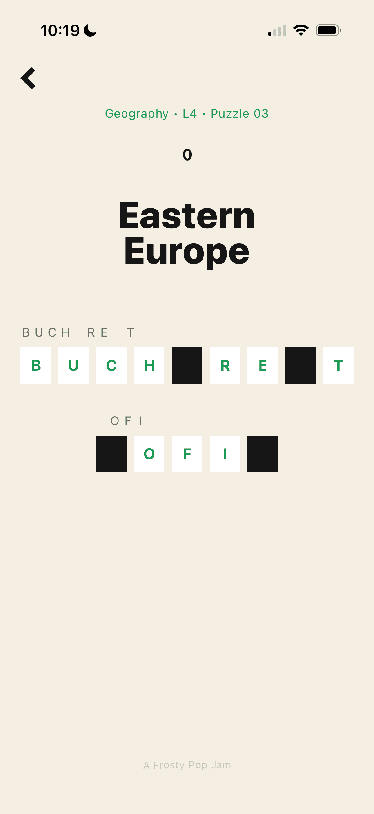 A Flip & Spell puzzle titled Eastern Europe, with letter tiles half revealed on a Geography level.