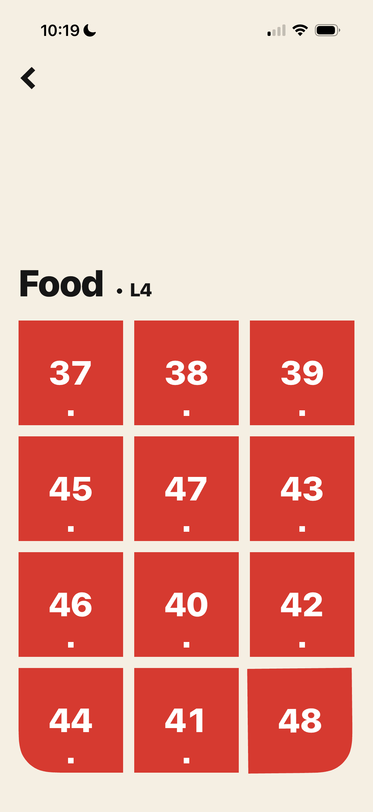 The Flip & Spell puzzle picker for the Food category, a grid of numbered Level 4 puzzles.