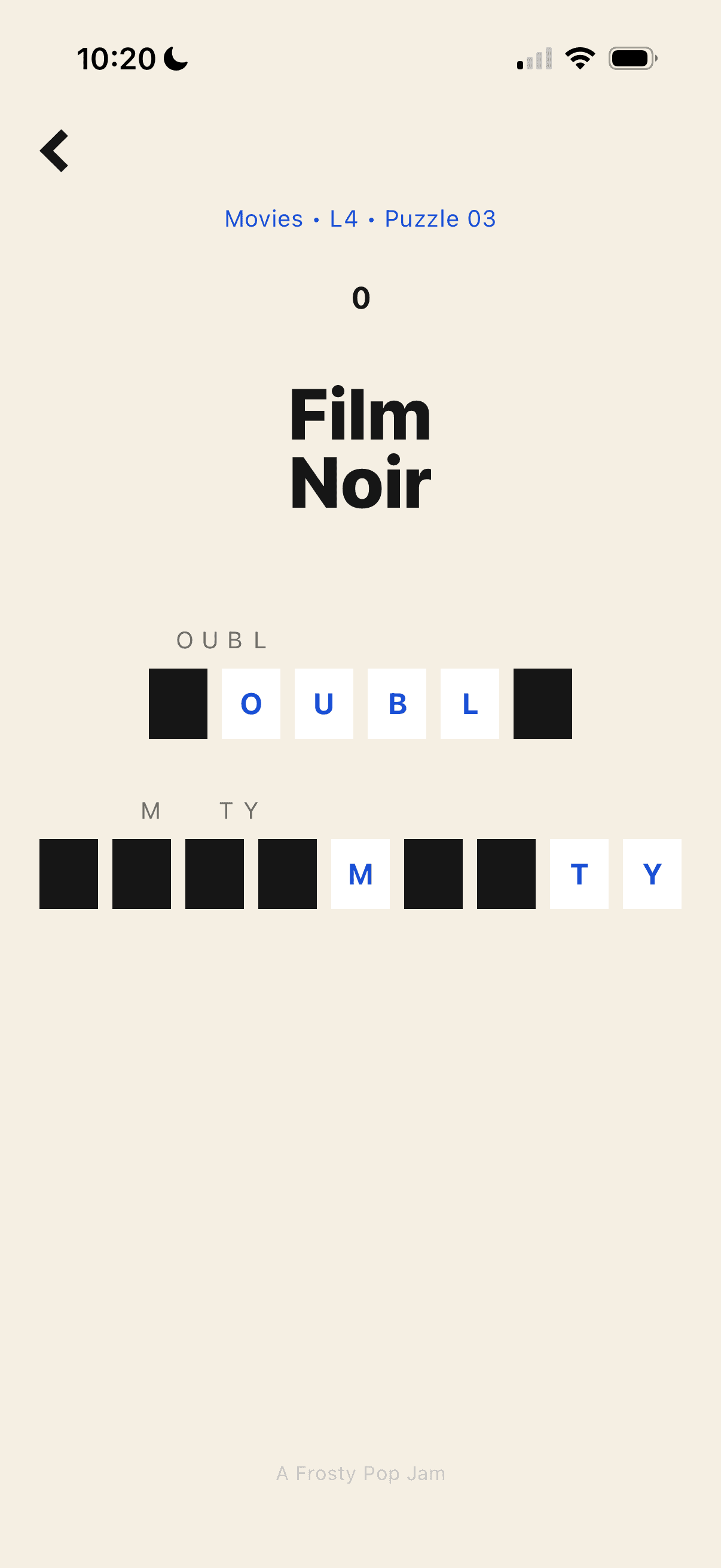 A Flip & Spell puzzle titled Film Noir, some letter tiles flipped up and others face down.