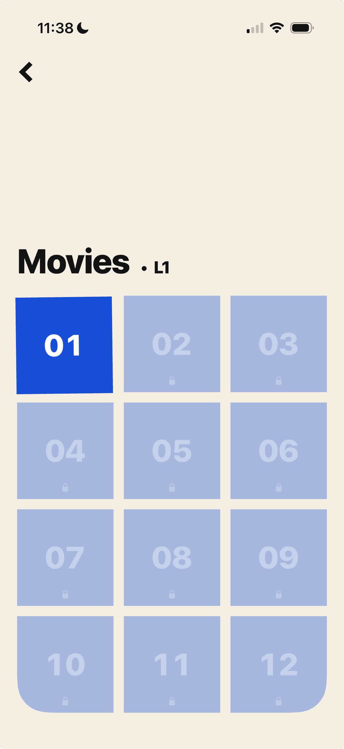 The Flip & Spell level select for Movies, with Puzzle 01 unlocked and the rest waiting.
