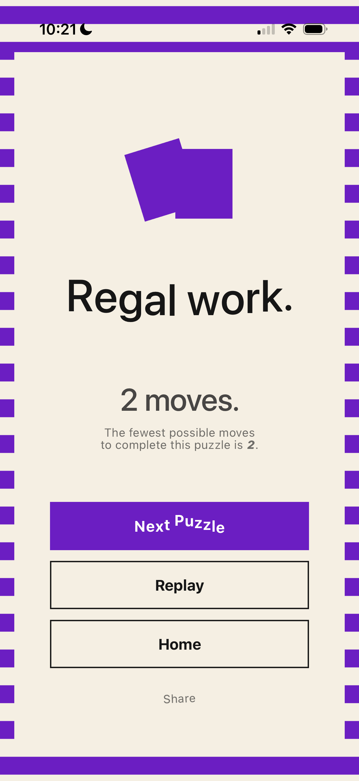 The Flip & Spell win screen reading Regal work, solved in 2 moves.